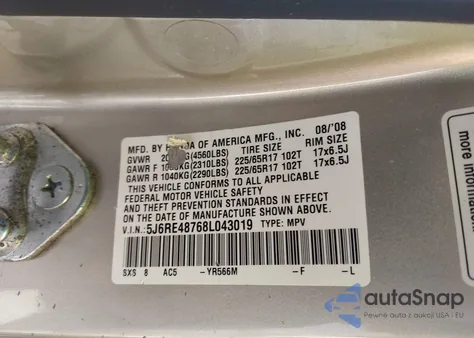 2008 Honda Cr-V Ex-L from USA, damaged, VIN 5J6RE48768L043019